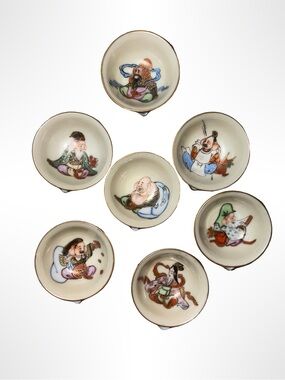 Vintage Japanese Kutani Sake Cups Seven Lucky Gods Hand Painted